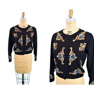 Vintage 1980s Sequin Cardigan Black Gold Colorful Wool Sweater | B 40"